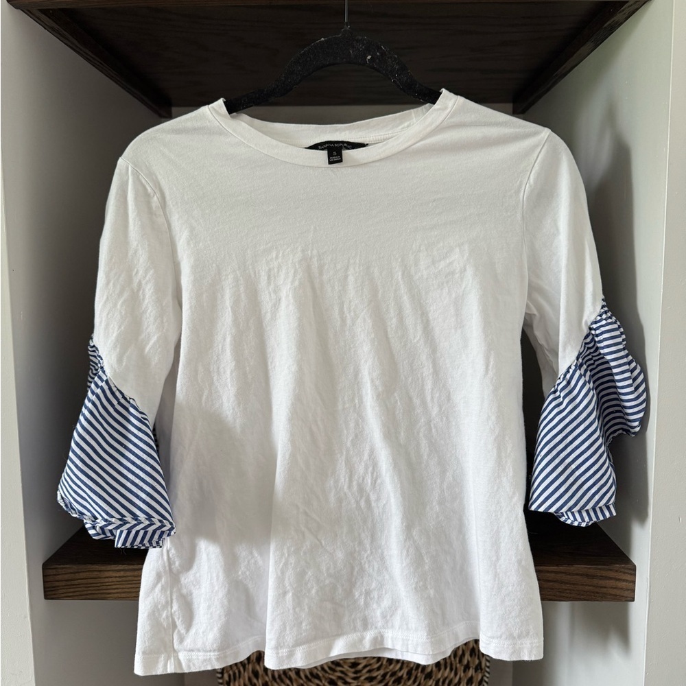 Banana Republic White and Blue Ruffled Bell Sleeve Blouse